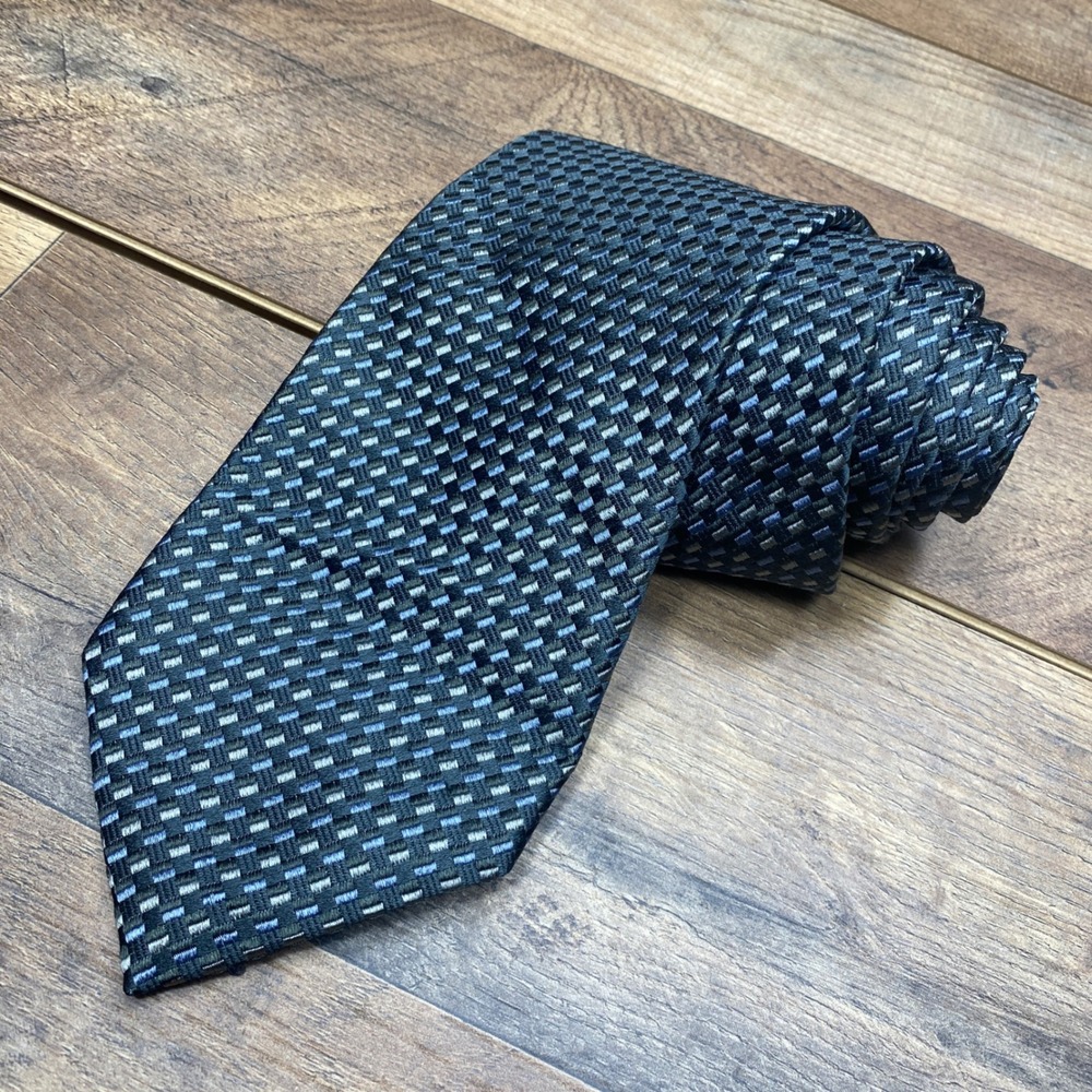 Giorgio Armani Silk Tie Mens OS Blue Grey Geometric Basketweave Italy Business